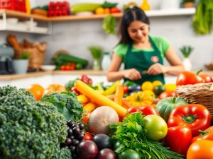 Fructe și legume proaspete într-o bucătărie luminoasă.