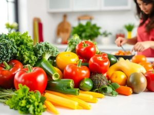 Fructe și legume proaspete pe o masă în bucătărie.