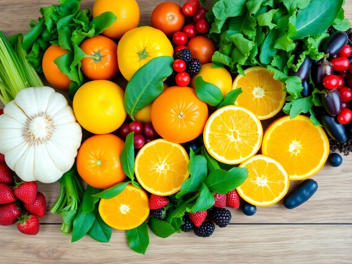 Fructe și legume proaspete pe o suprafață din lemn.