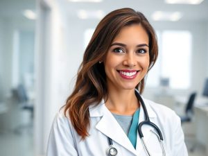 O doamnă doctor zâmbește cald la cameră.