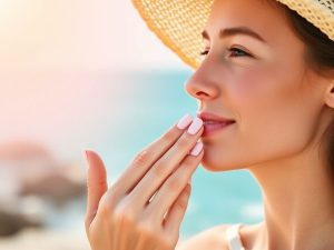 Persoană aplicând cremă cu SPF pe față sub soare, plajă.