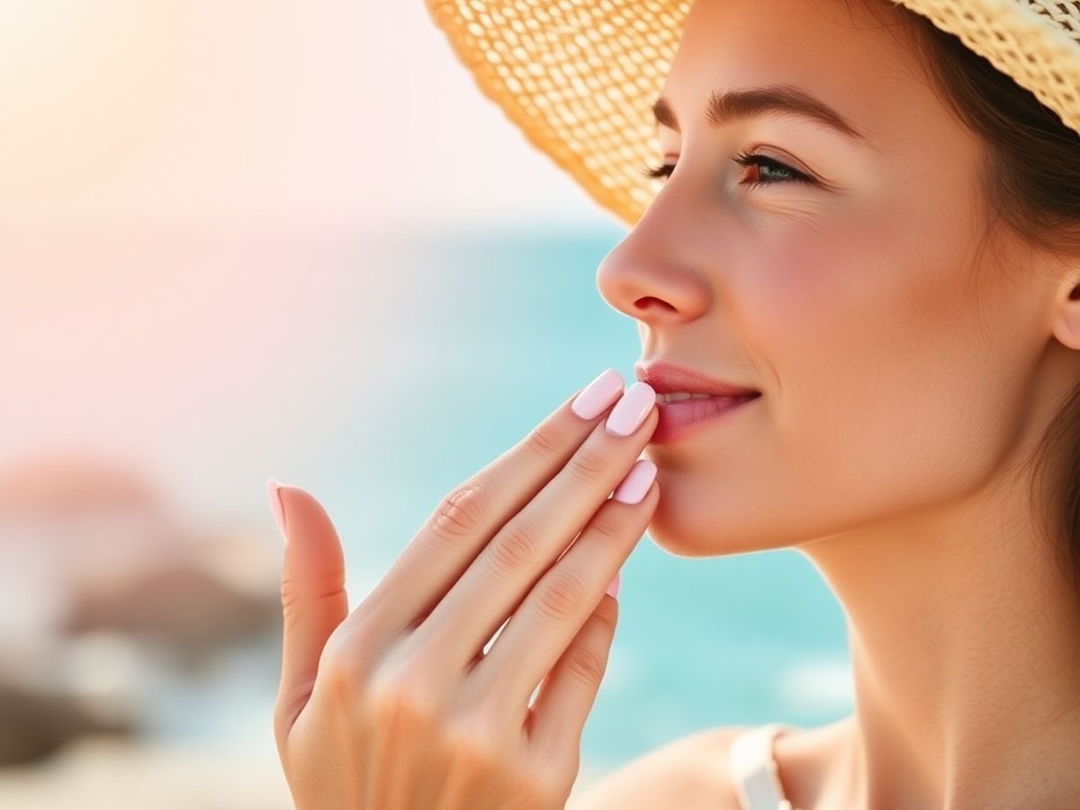 Persoană aplicând cremă cu SPF pe față sub soare, plajă.