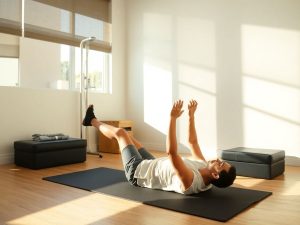 Persoană făcând exerciții de kinetoterapie pe o saltea.