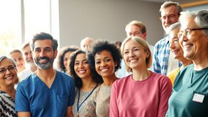 Oameni zâmbind și interacționând în cadrul unui program medical.