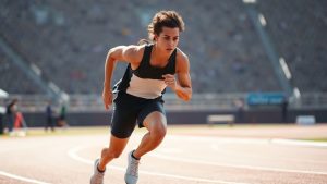 Sportiv în acțiune pe pistă, concentrat pe performanță.