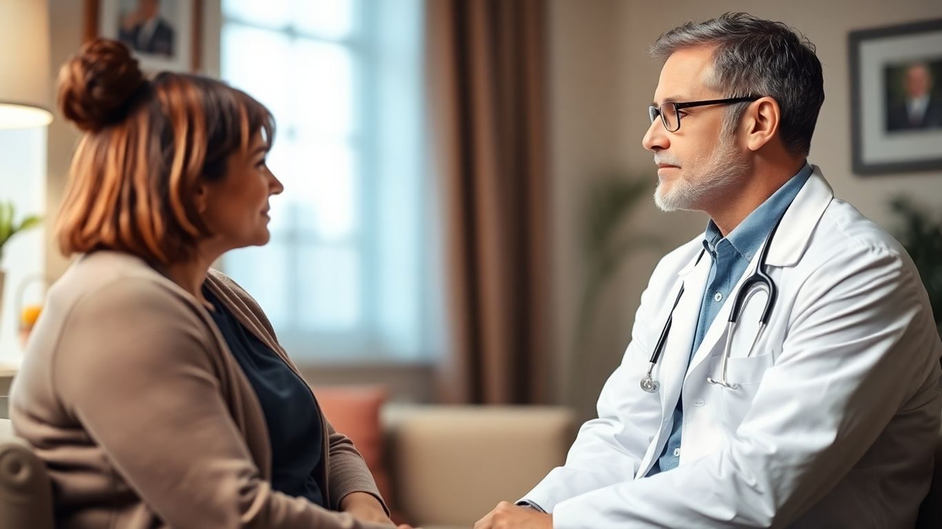 Doctor ascultând atent un pacient în cabinet medical.